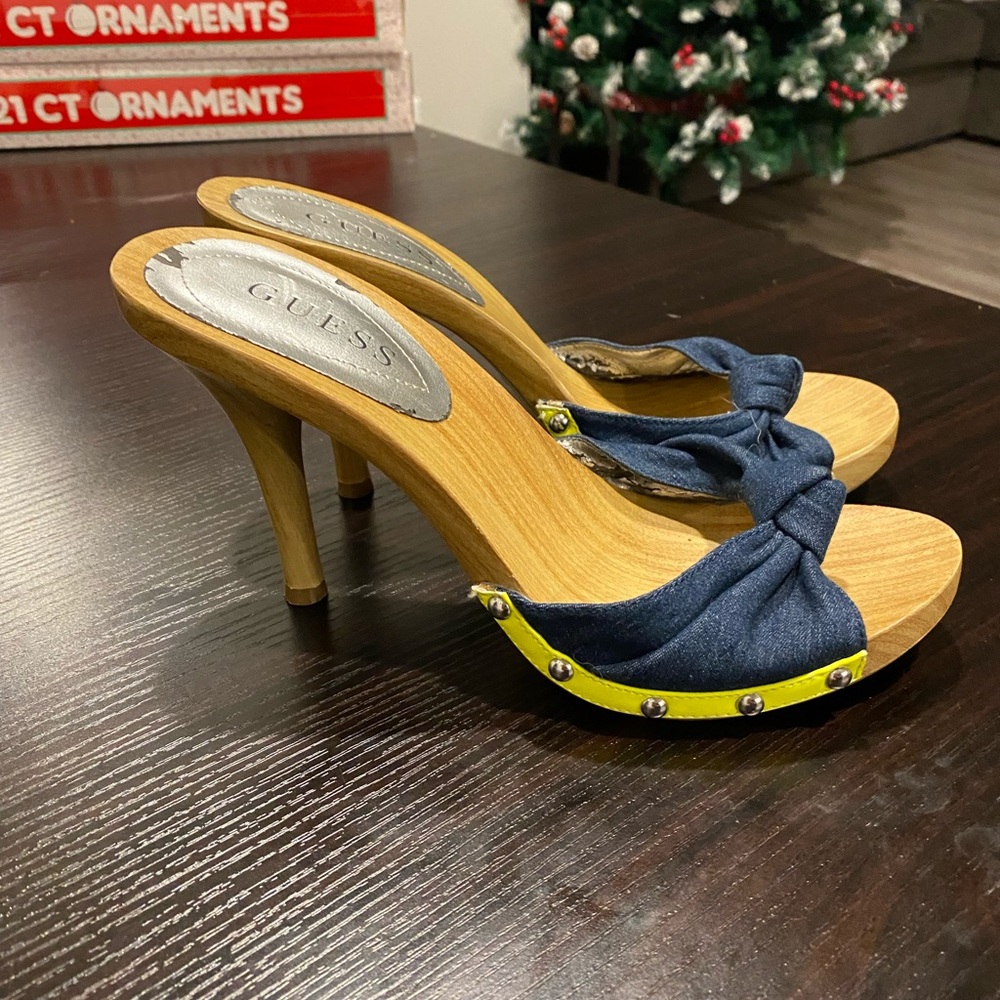 Y2K guess denim wooden heels, size 8